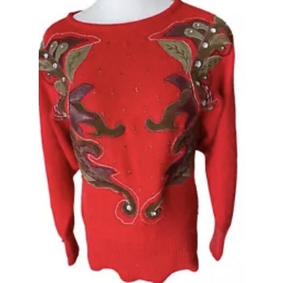 Giancarlo Ferranti Red Silk Angora Sweater Leather Applique Gems Vtg Women M - Picture 7 of 10